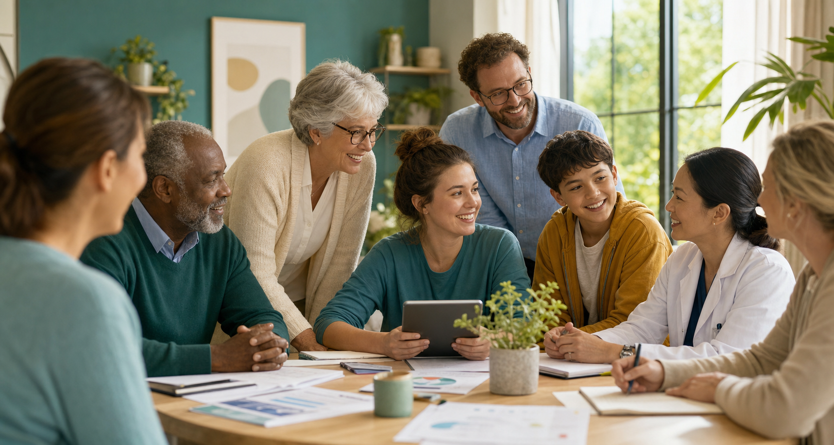 Patients, caregivers, clinicians, and researchers smiling while working together around a table